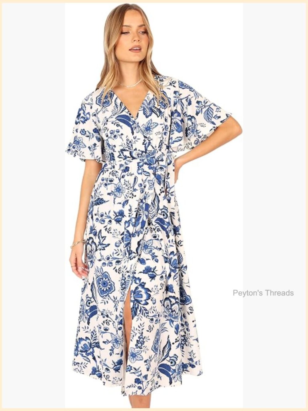 Women's Floral Midi Wrap Dress with Attached Tie Waist - Picture 1 of 7